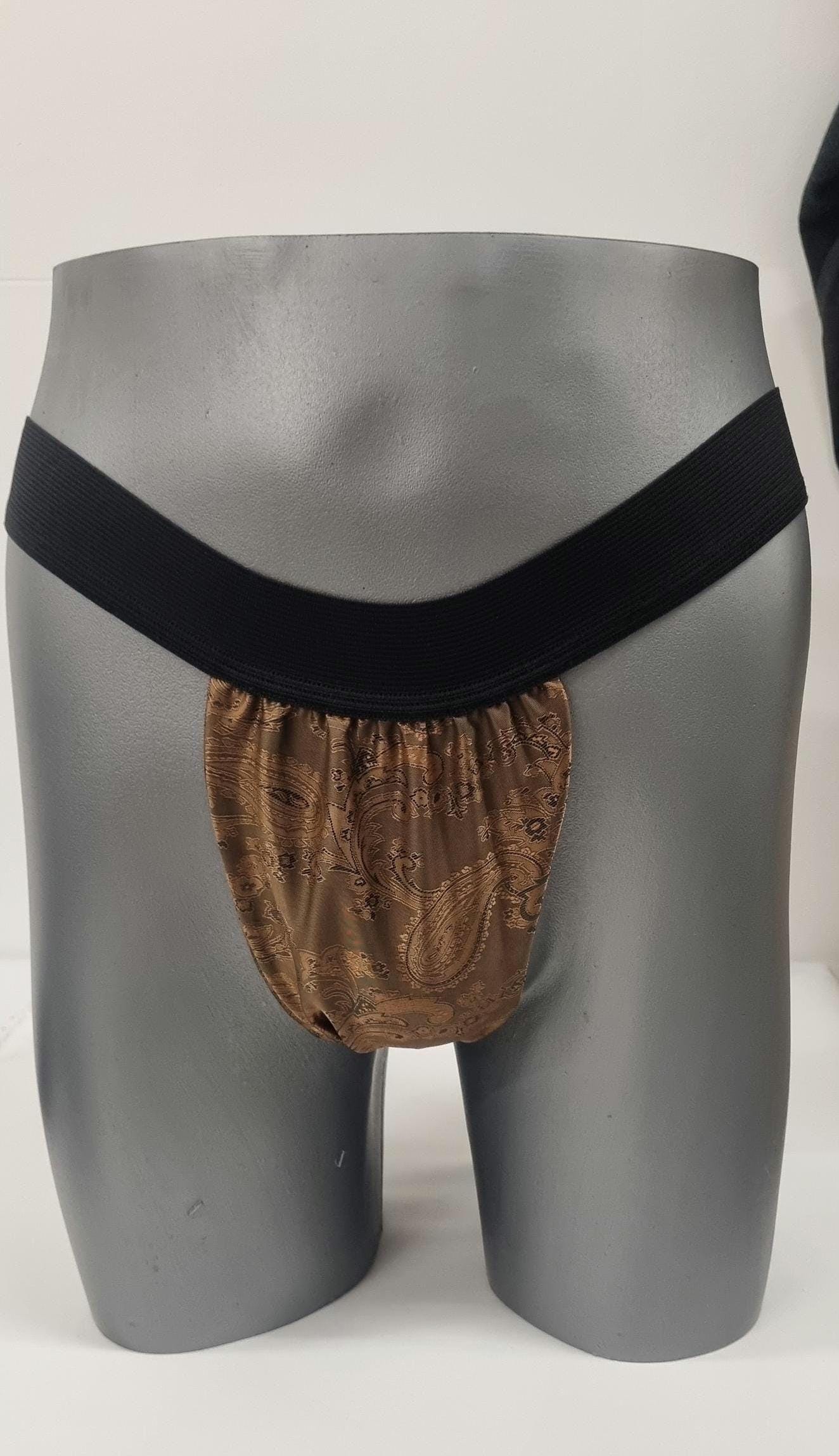 Men BROWN shiny silk paisley motif briefs tanga like underwear fully lined with silky finish.