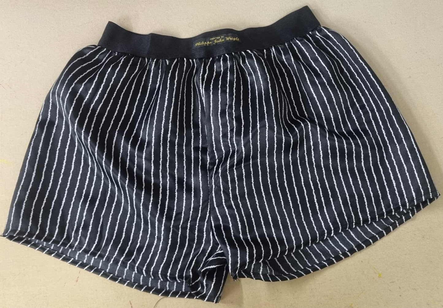 satin boxer shorts in black with white stripes for men hand made in France