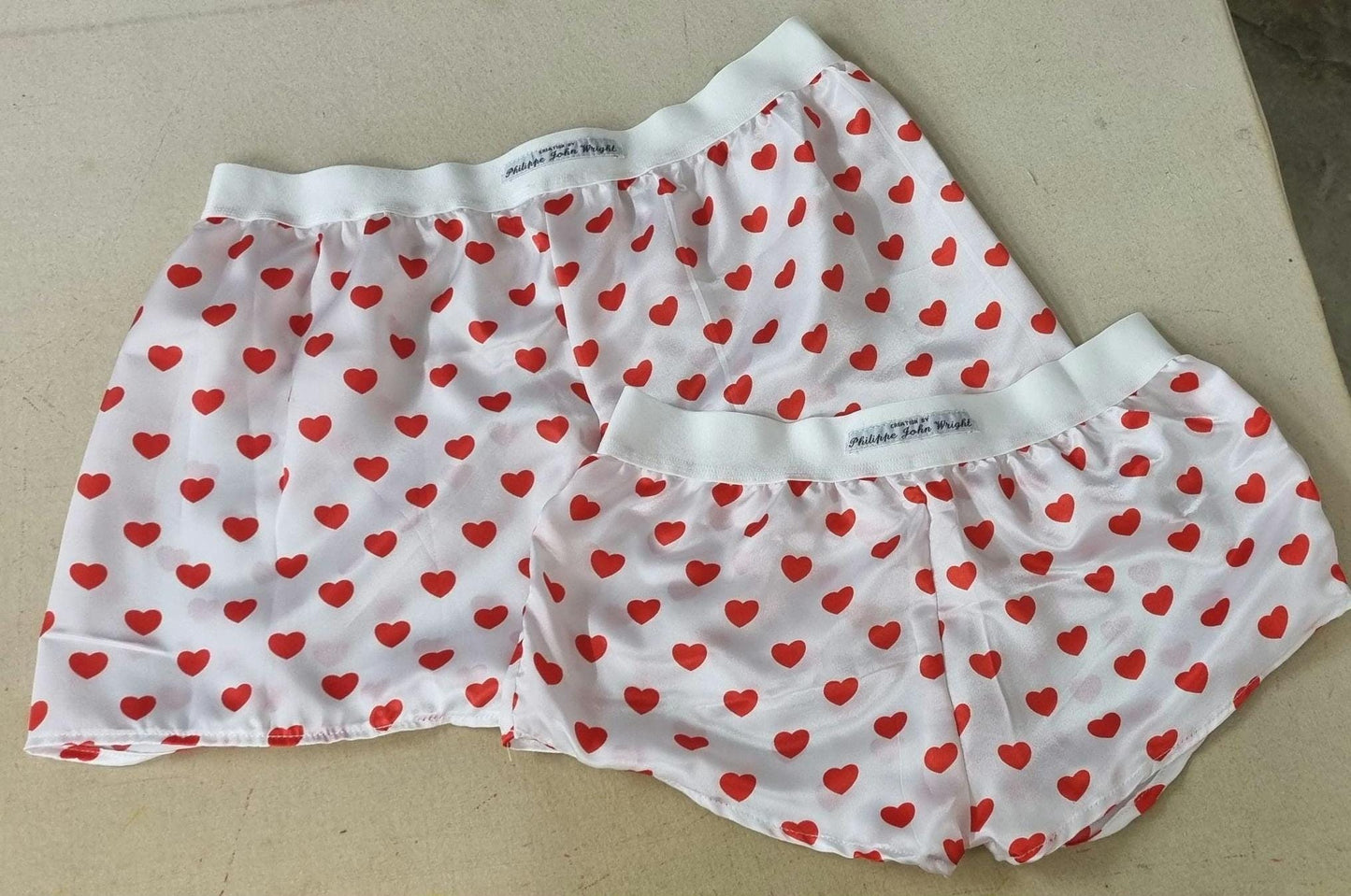 His and her love hearts silky Satin boxer short and boy shorts bundle hand made in France perfect for gifts