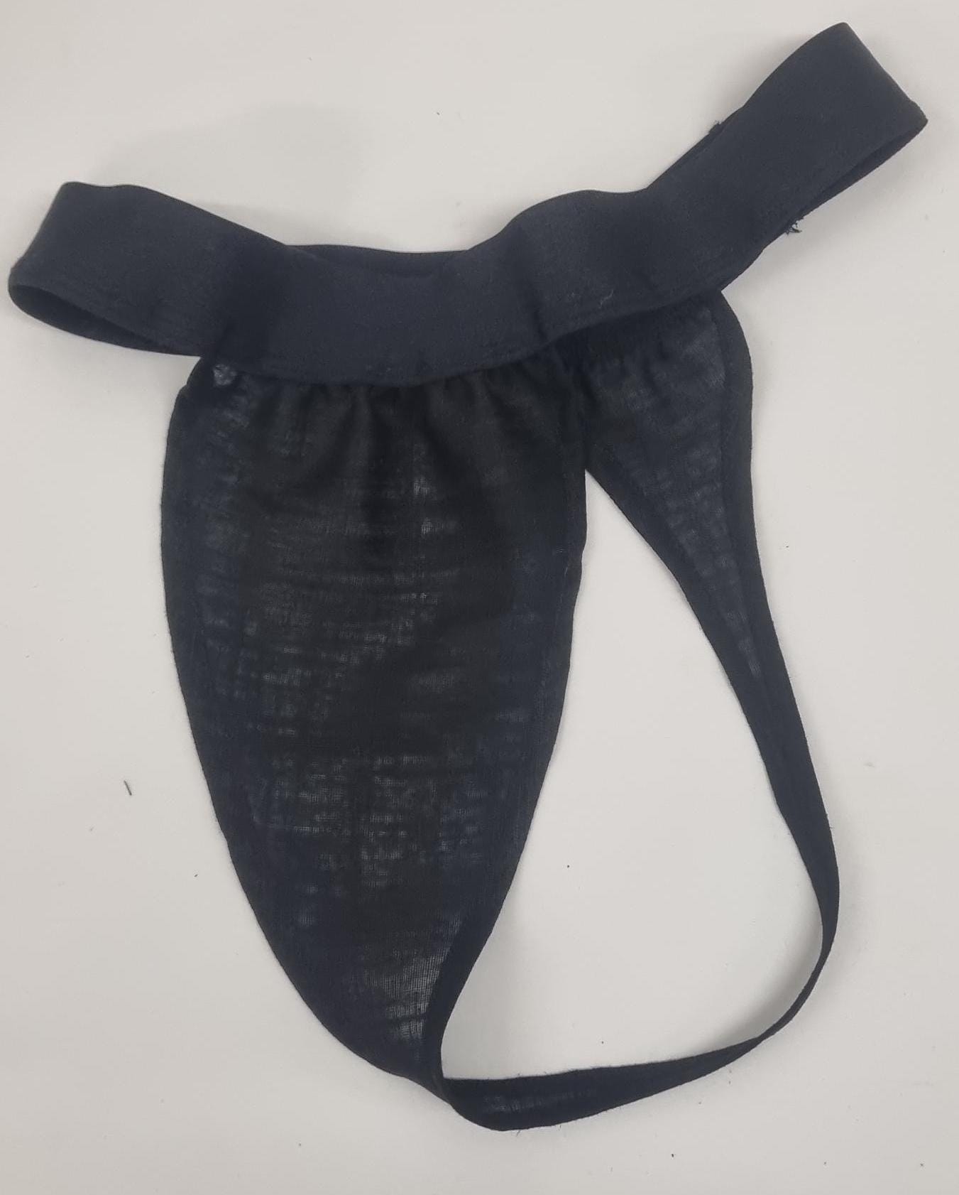 Men G-string briefs underwear in natural black linen. Cheeky boy thong sexy underwear for man.