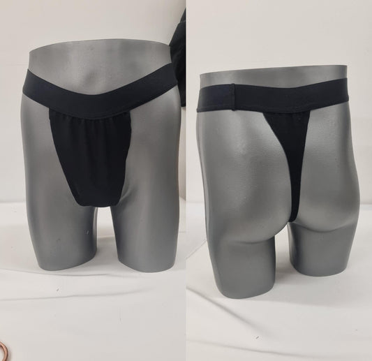 Men G-string briefs underwear in natural black linen. Cheeky boy thong sexy underwear for man.