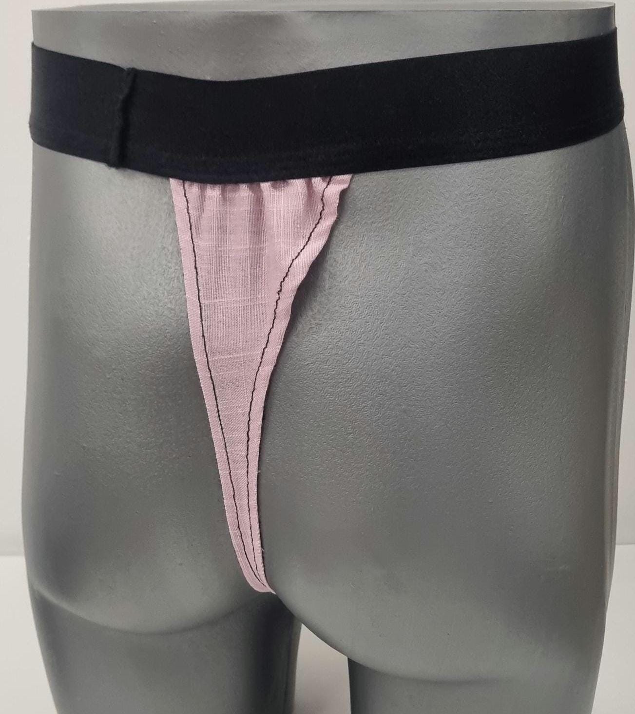 Men G-string briefs underwear in natural pink linen. Cheeky boy thong sexy underwear for man.
