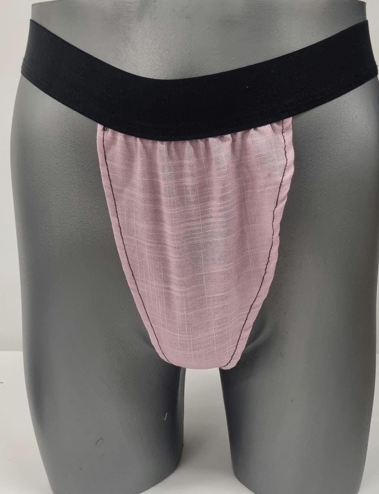 Men G-string briefs underwear in natural pink linen. Cheeky boy thong sexy underwear for man.