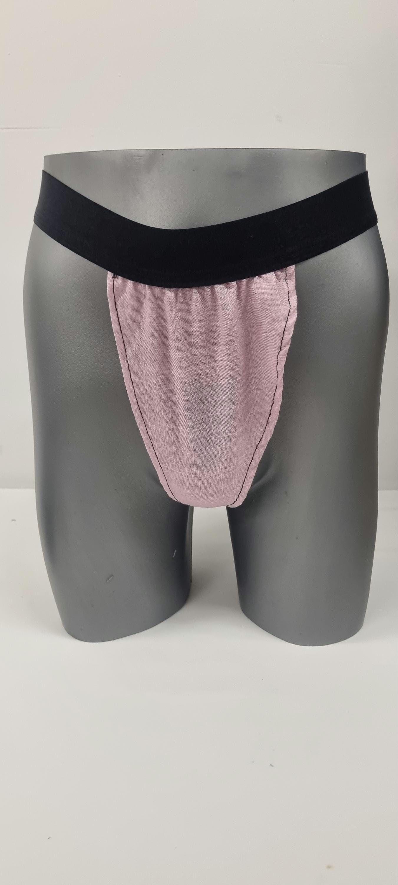 Men G-string briefs underwear in natural pink linen. Cheeky boy thong sexy underwear for man.