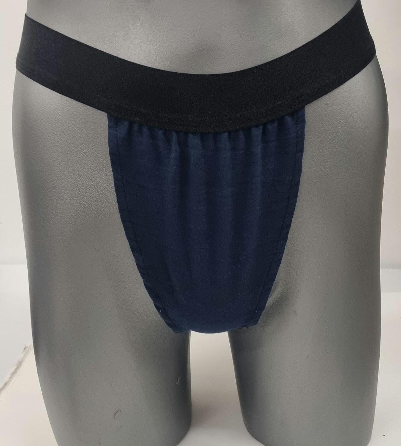 Men G-string briefs underwear in natural navy linen. Cheeky boy thong sexy underwear for man.