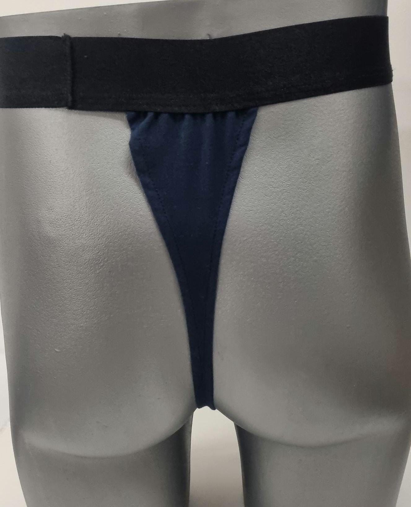 Men G-string briefs underwear in natural navy linen. Cheeky boy thong sexy underwear for man.