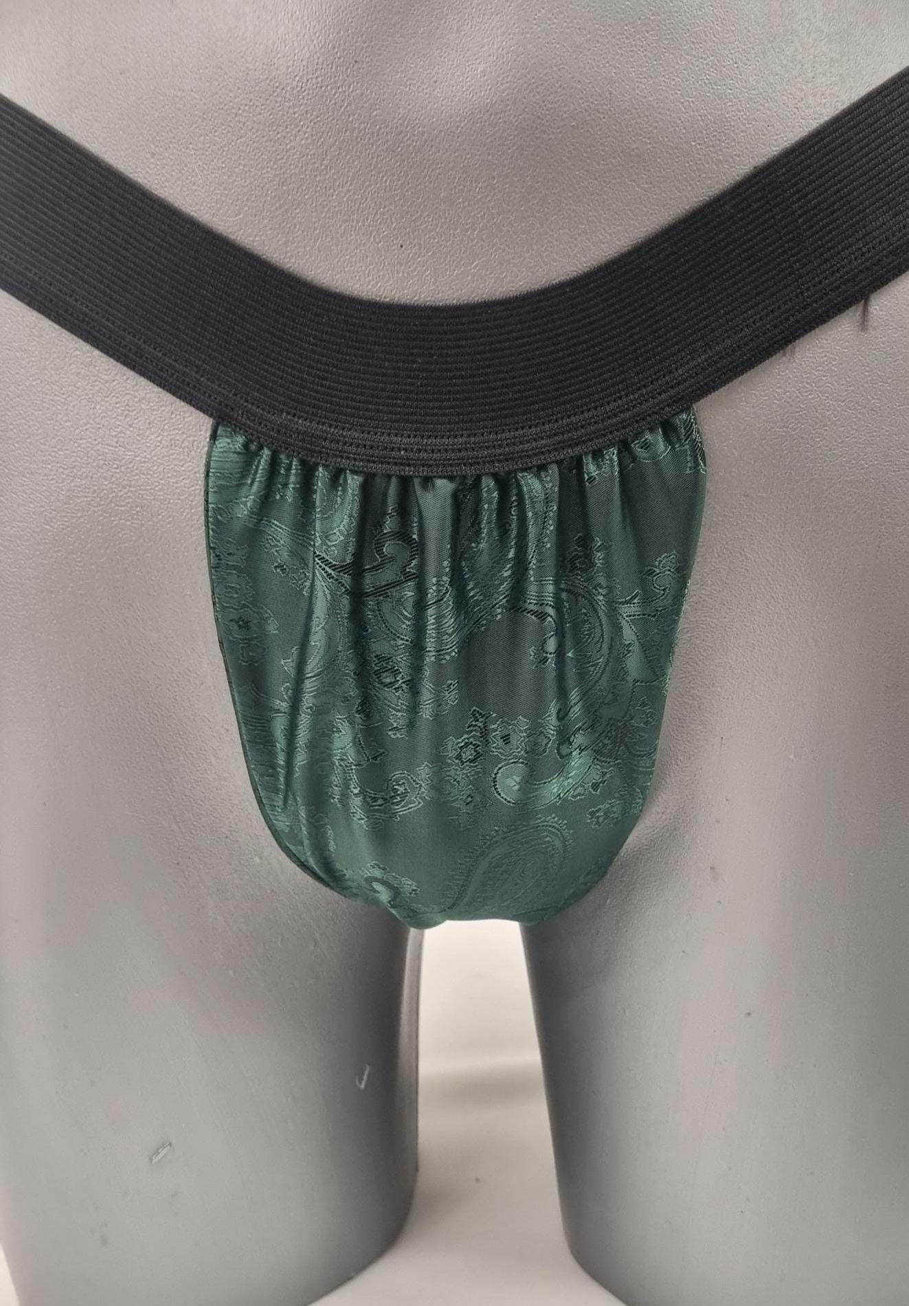 Men FOREST GREEN shiny silk paisley pattern briefs tanga like underwear fully lined with silky finish.