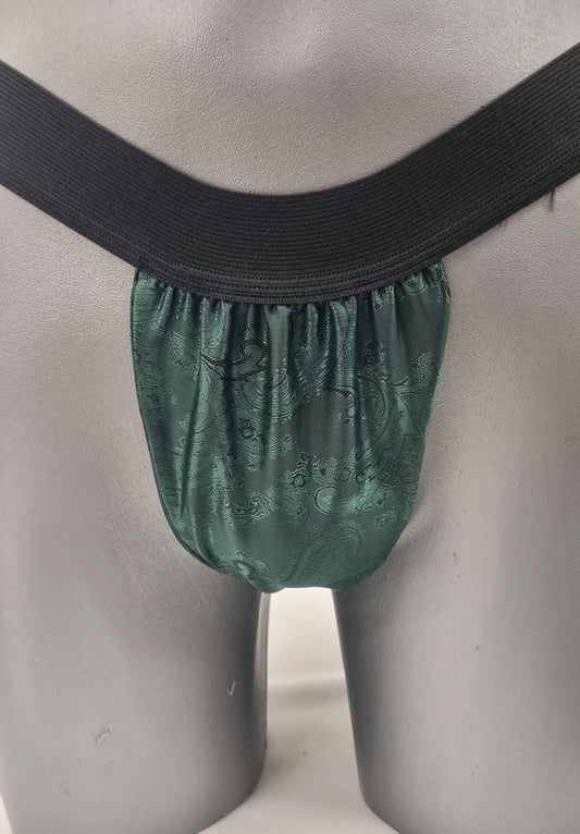 Men FOREST GREEN shiny silk paisley pattern briefs tanga like underwear fully lined with silky finish.