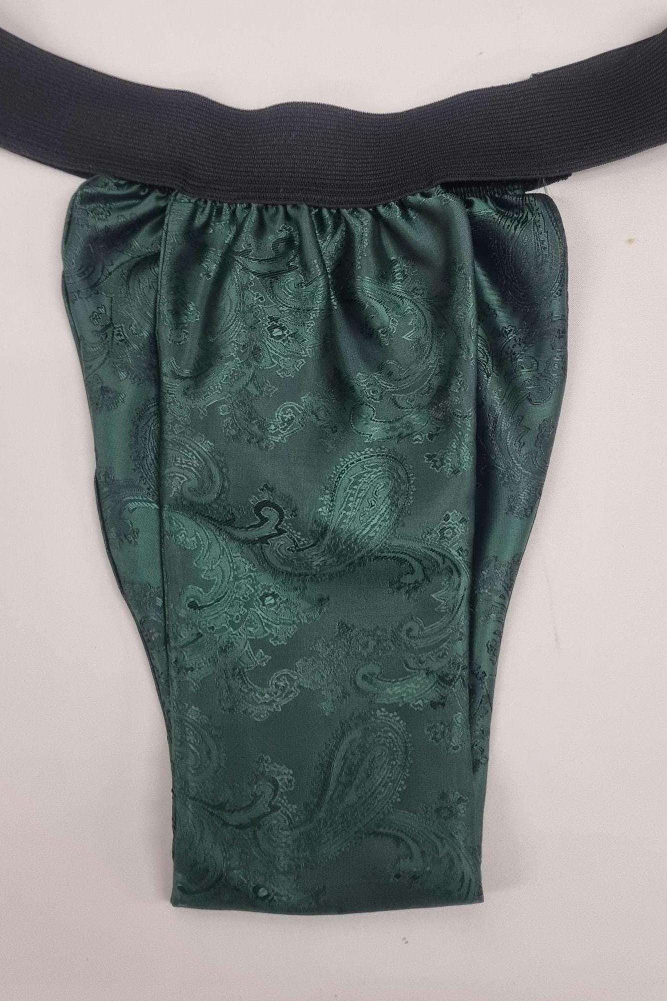 Men FOREST GREEN shiny silk paisley pattern briefs tanga like underwear fully lined with silky finish.