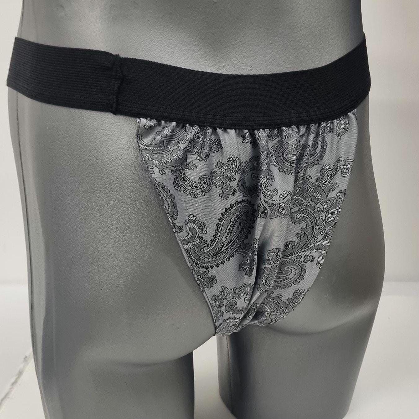 Men SILVER shiny silk paisley motif briefs tanga like underwear fully lined with silky finish.