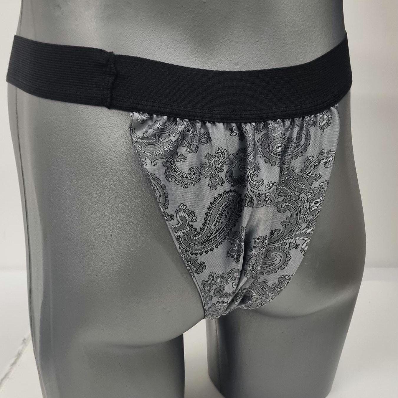 Men SILVER shiny silk paisley pattern briefs tanga like underwear fully lined with silky finish.