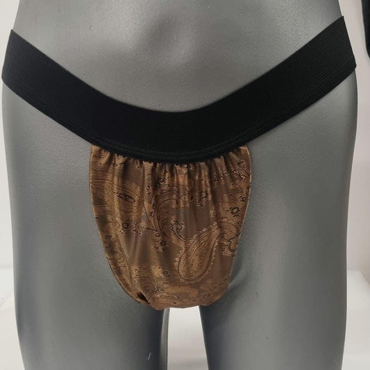 Men BROWN shiny silk paisley motif briefs tanga like underwear fully lined with silky finish.