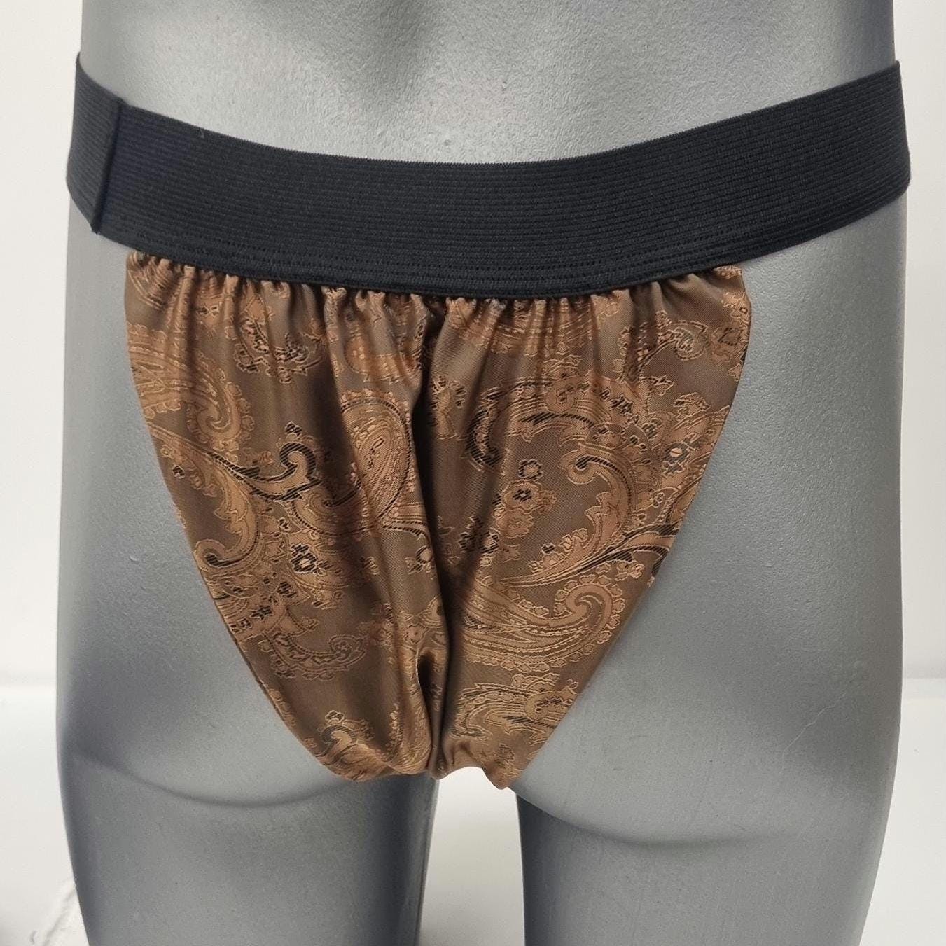 Men BROWN shiny silk paisley motif briefs tanga like underwear fully lined with silky finish.