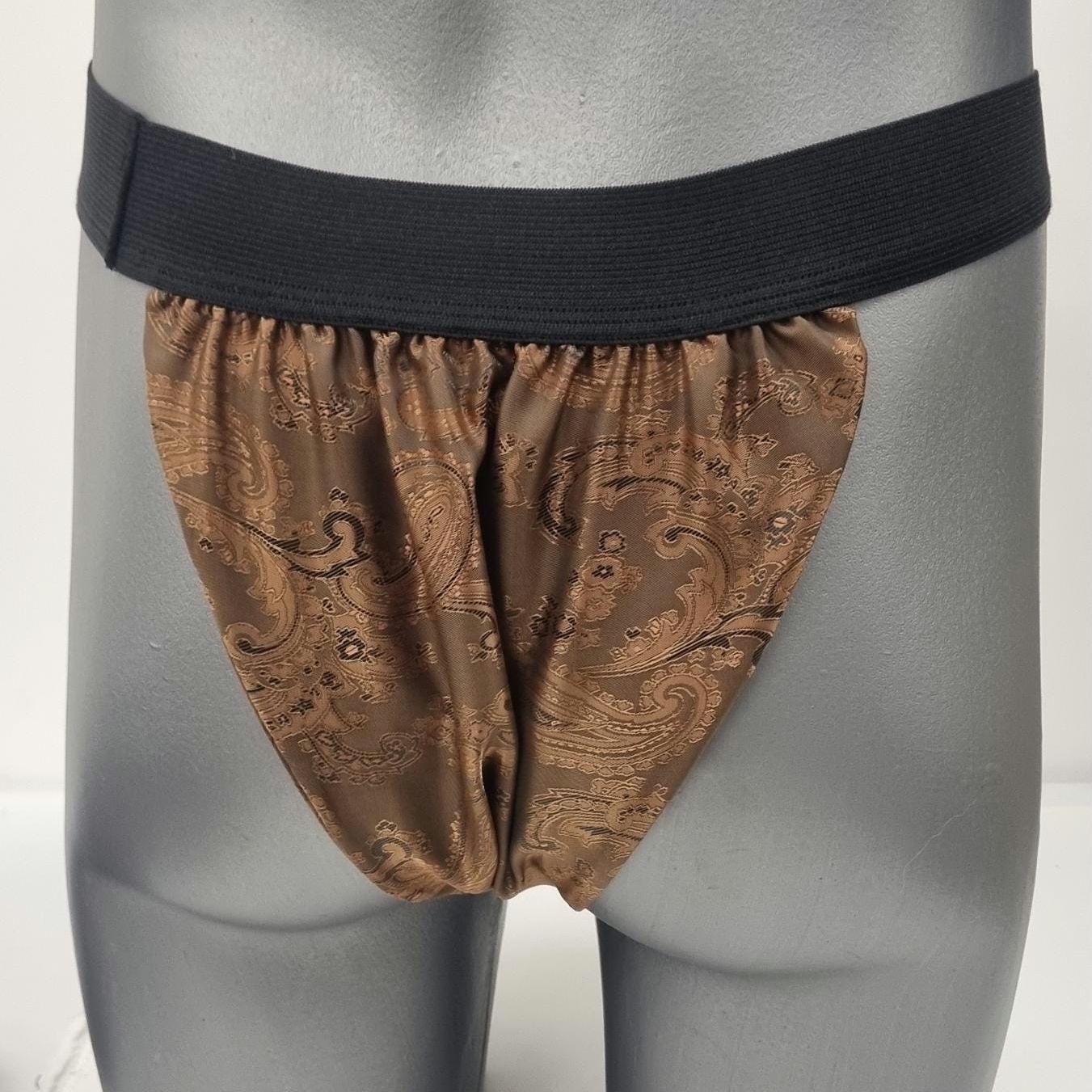 Men BROWN shiny silk paisley pattern briefs tanga like underwear fully lined with silky finish.