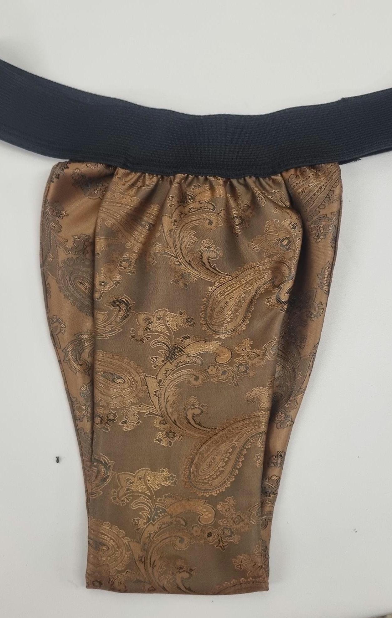Men BROWN shiny silk paisley pattern briefs tanga like underwear fully lined with silky finish.