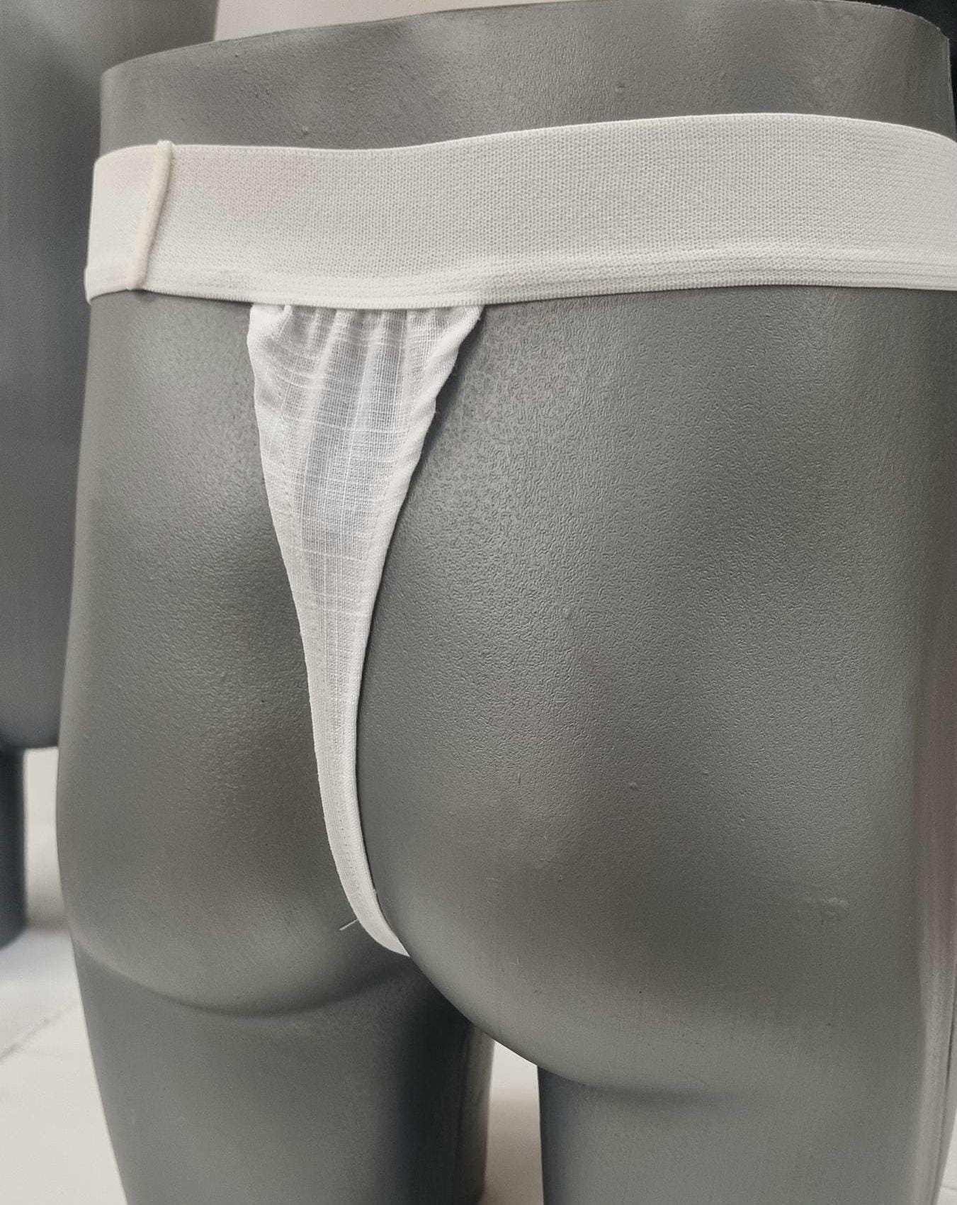 Men G-string briefs underwear in natural white linen. Cheeky boy thong sexy underwear for man.