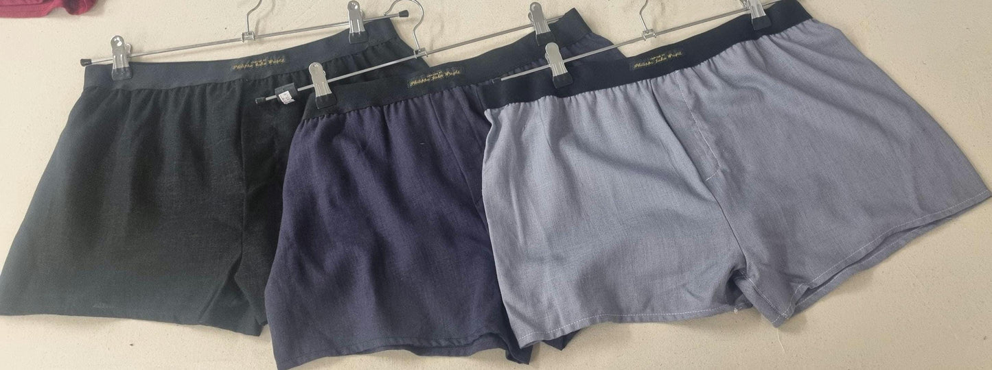 Three LINEN men boxer short bundle with black elastic. grey, black, Navy.