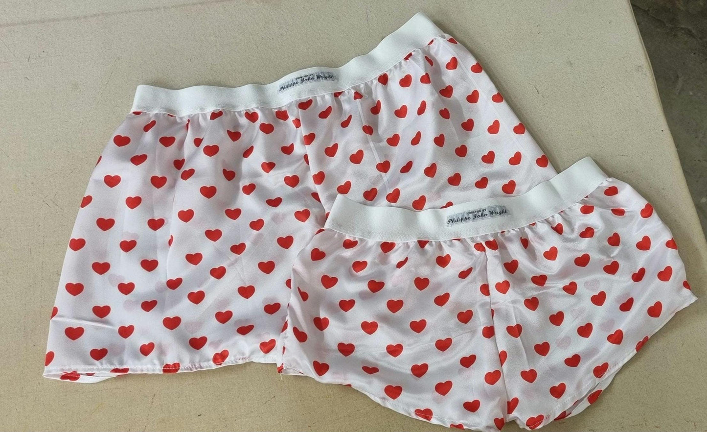 His and her love hearts silky Satin boxer short and boy shorts bundle hand made in France perfect for gifts