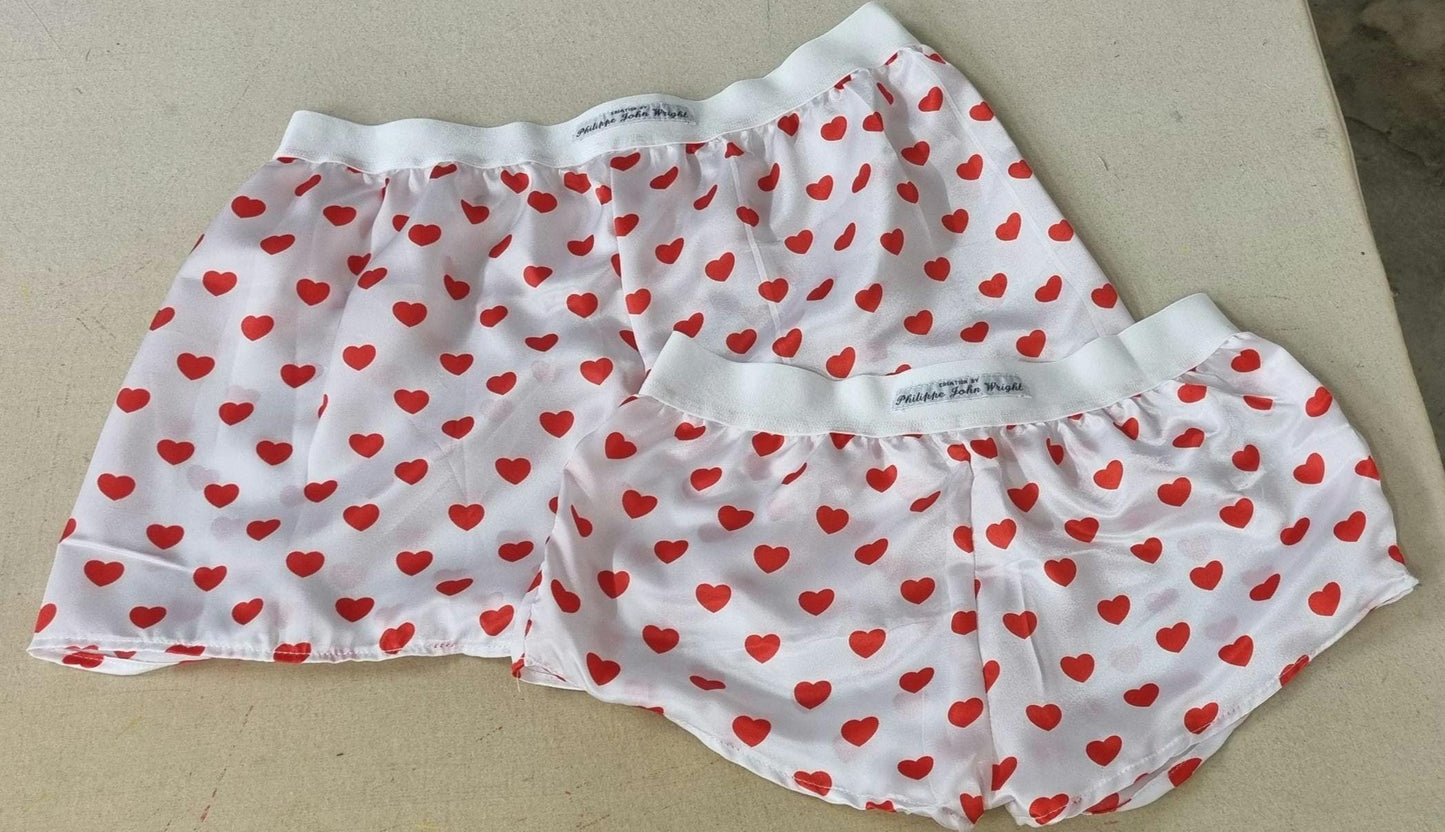 His and her love hearts silky Satin boxer short and boy shorts bundle hand made in France perfect for gifts