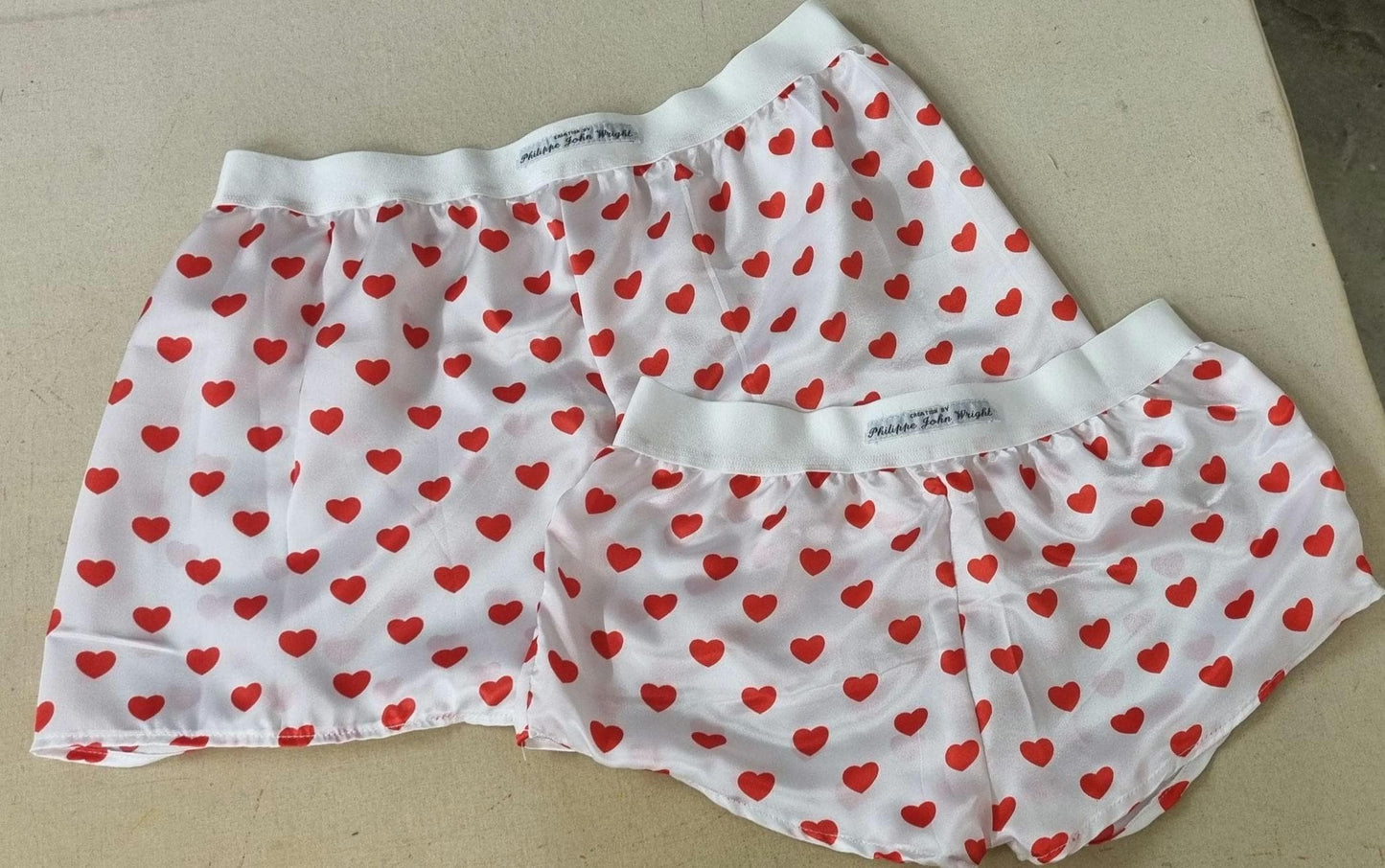 His and her love hearts silky Satin boxer short and boy shorts bundle hand made in France perfect for gifts