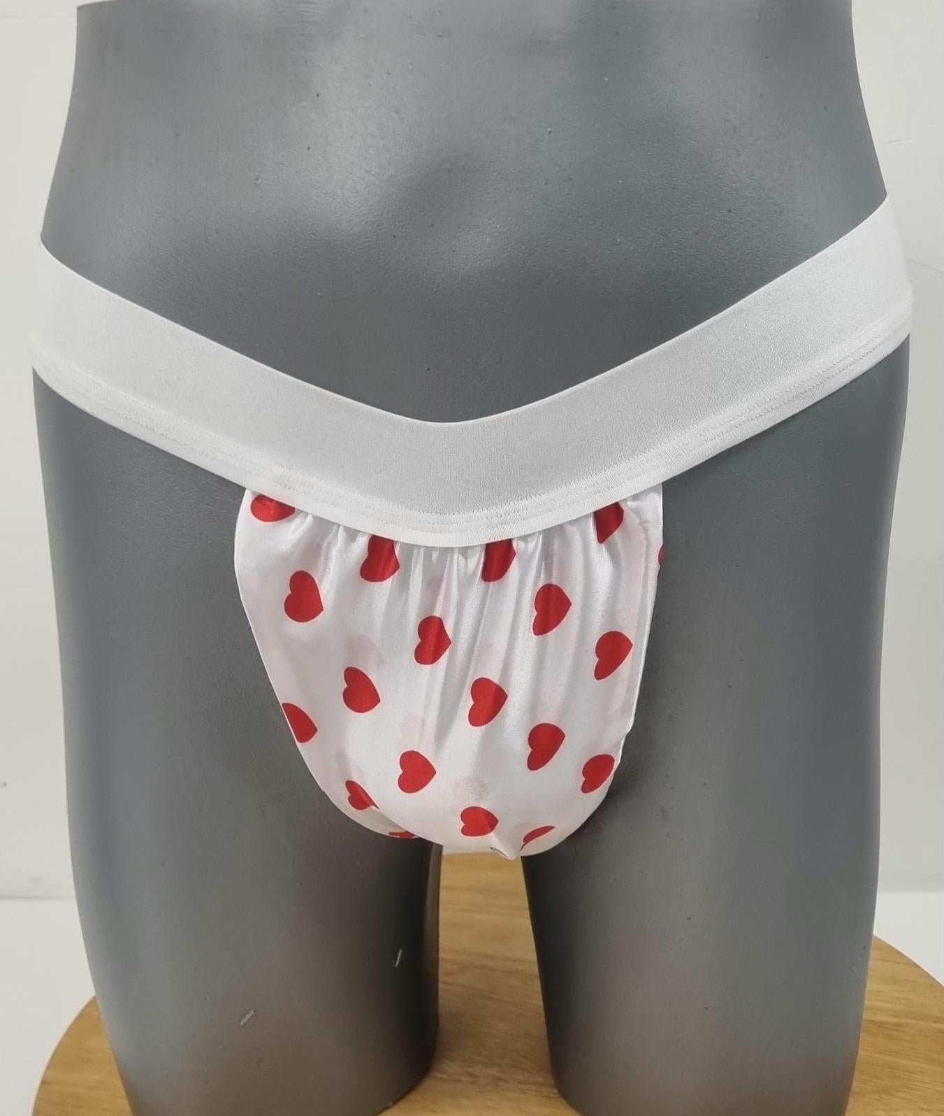 Men shiny LOVE HEART satin briefs tanga like underwear fully lined with silky finish.