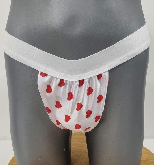 Men red love HEART shiny satin briefs tanga like underwear fully lined with silky finish.