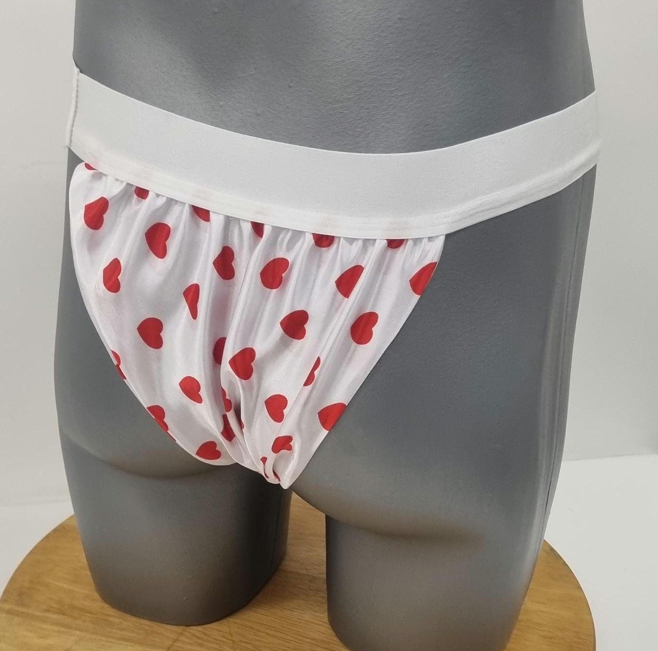 Men red love HEART shiny satin briefs tanga like underwear fully lined with silky finish.
