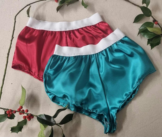 Womans christmas underwear bundle RED and GREEN satin boy shorts, pajamas, French knickers made in France