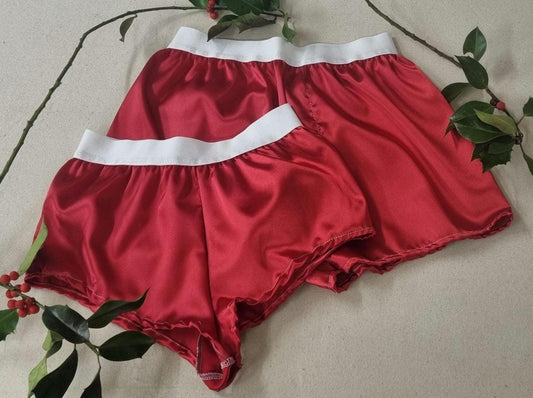 His and her christmas satin RED boxer shorts and boy shorts with white elastic bundle hand made in France.