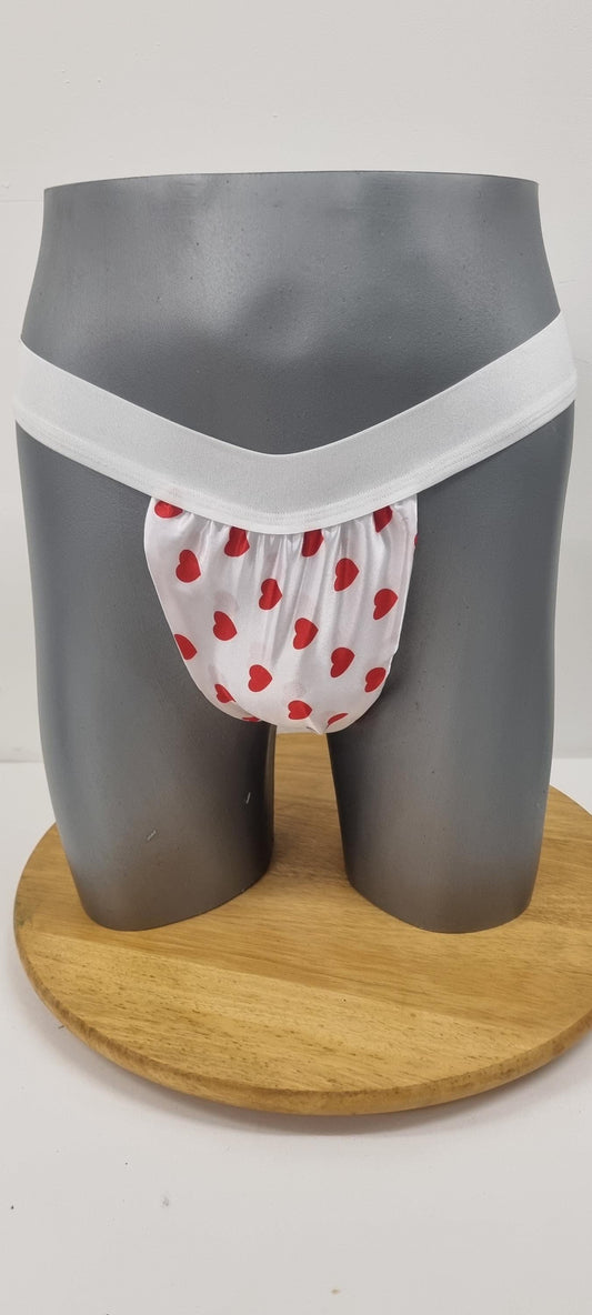 Men shiny LOVE HEART satin briefs tanga like underwear fully lined with silky finish.