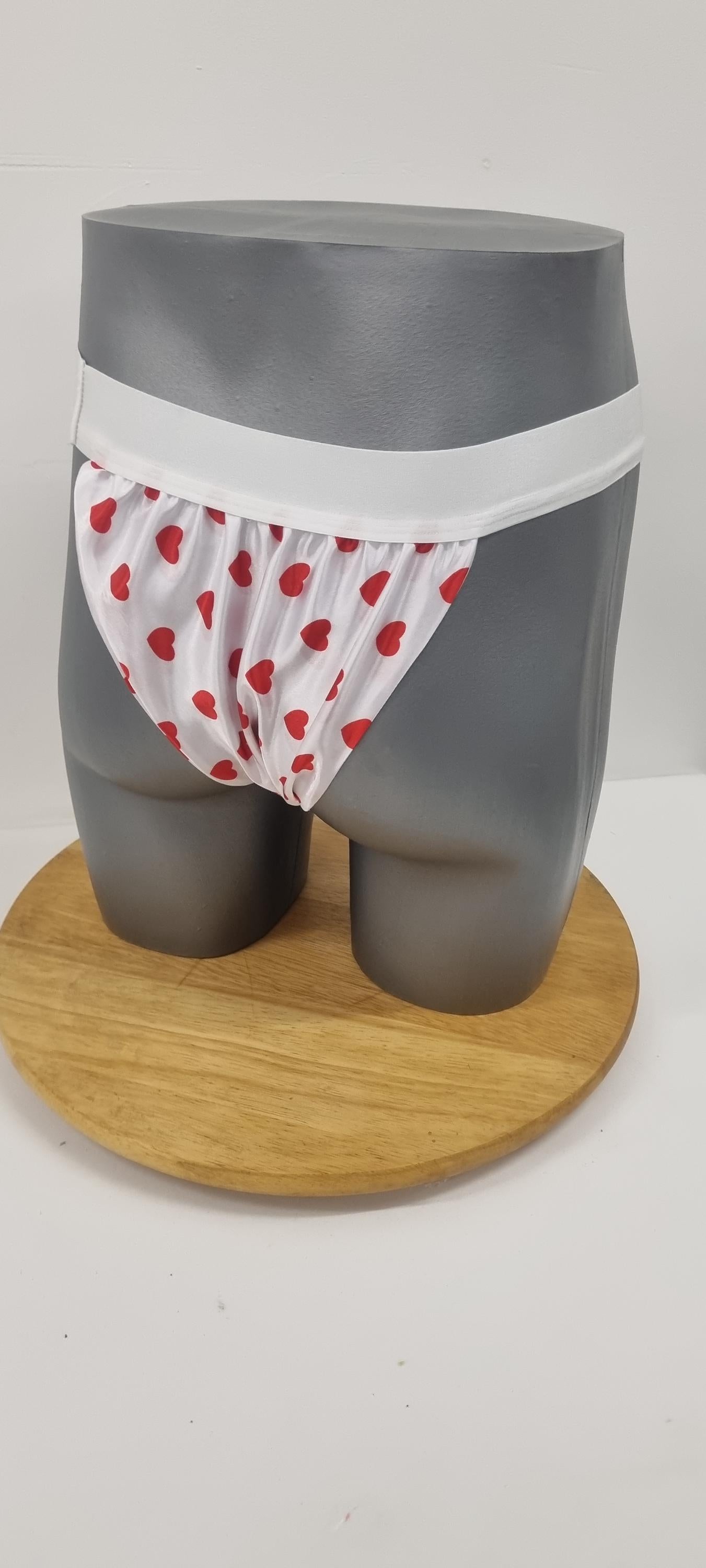Men shiny LOVE HEART satin briefs tanga like underwear fully lined with silky finish.