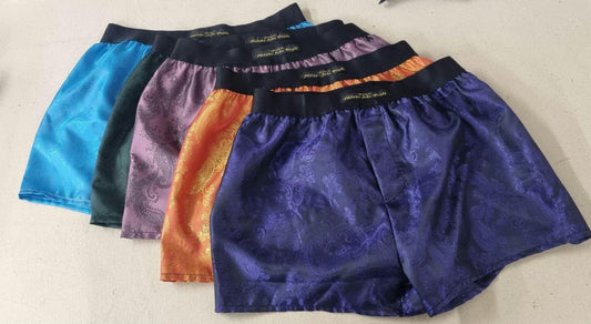 FIVE silk boxer shorts bundle paisley pattern made in orange, purple, light blue, green, pink.