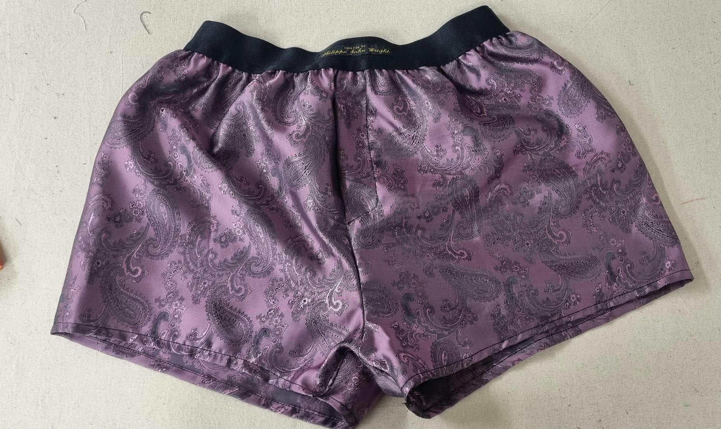 men pure silk jacquard boxer shorts paisley motif in orange, purple, light blue, green, pink. handmade in france husband gift boy present.