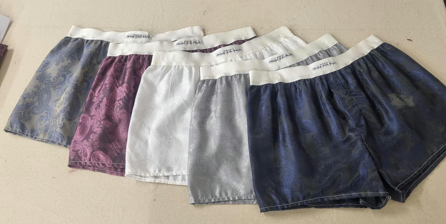 Men silk boxer shorts bundle paisley pattern made in white, silver, silver blue, navy, pink.