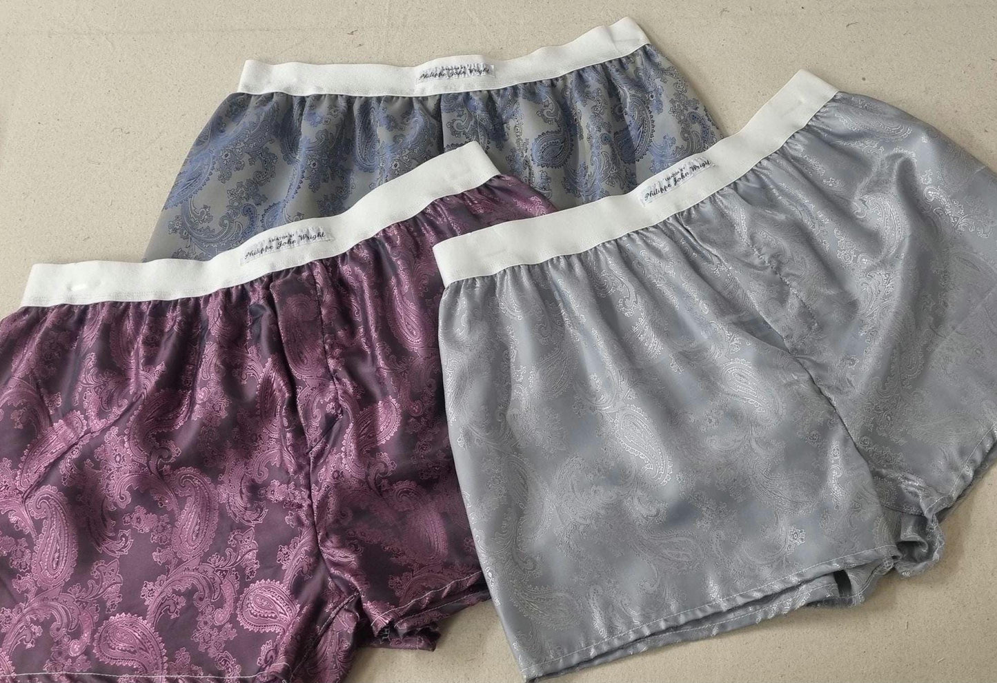 Men silk boxer shorts bundle paisley pattern made in white, silver, silver blue, navy, pink.