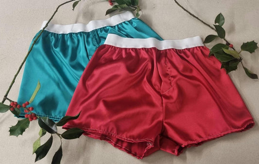 Mens christmas underwear red and green satin boxer shorts with white elastic bundle for men made in France