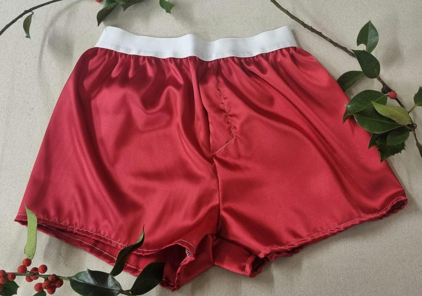 Mens christmas underwear red and green satin boxer shorts with white elastic bundle for men made in France