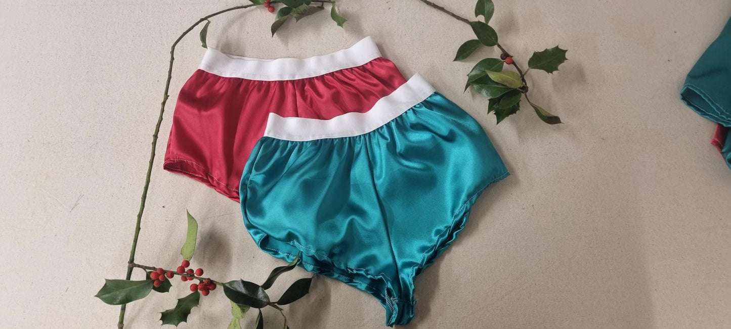 Womans christmas underwear bundle RED and GREEN satin boy shorts, pajamas, French knickers made in France