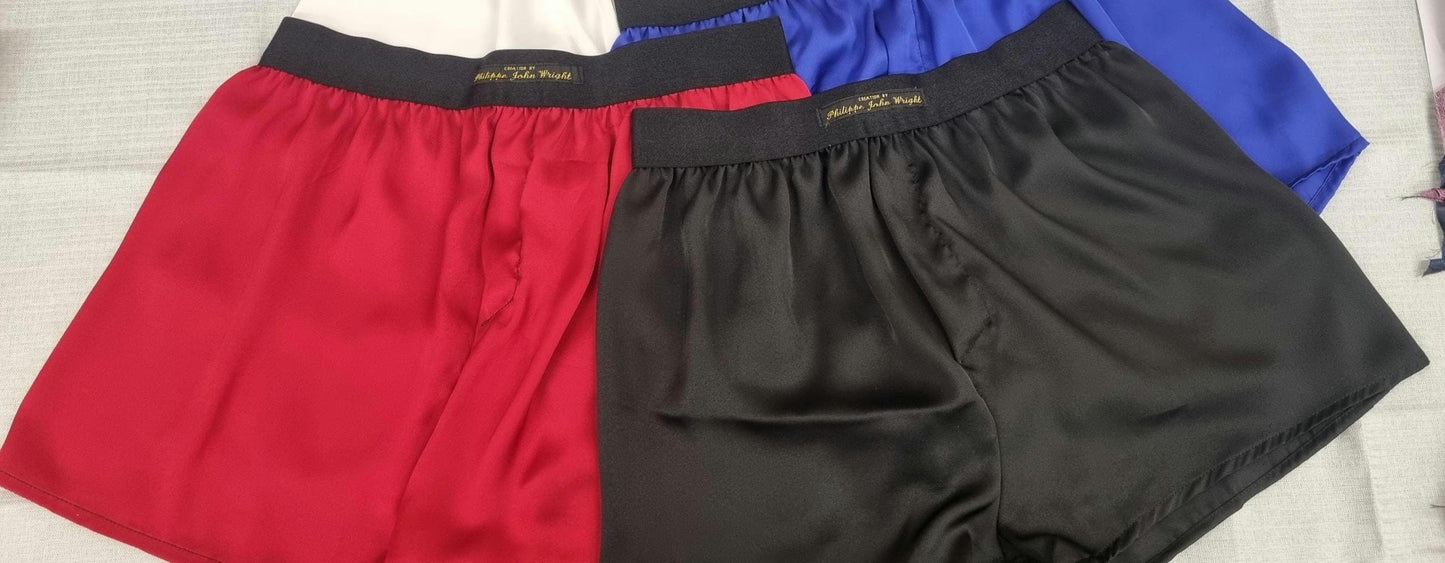 See through burgandy red and black silky satin sheer boxer shorts for men handmade in France for husband gift boyfriend present for him