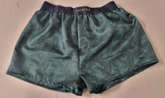 Silk boxer shorts in green paisley motif hand made in France. husband present gift for boyfriend aniversary groom wedding.