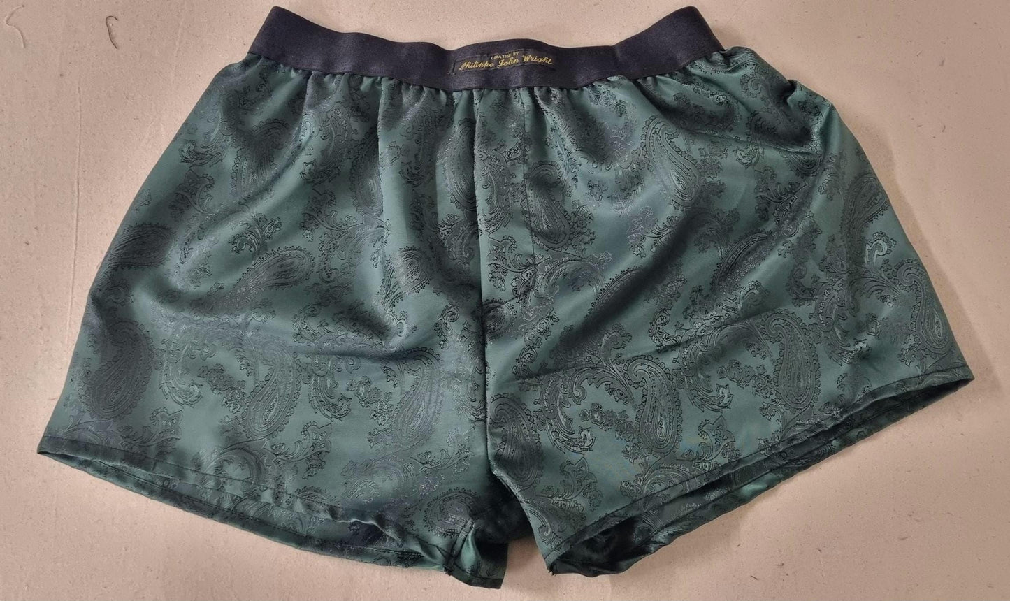 Silk boxer shorts in green paisley pattern hand made in France. husband present gift for boyfriend aniversary groom wedding.