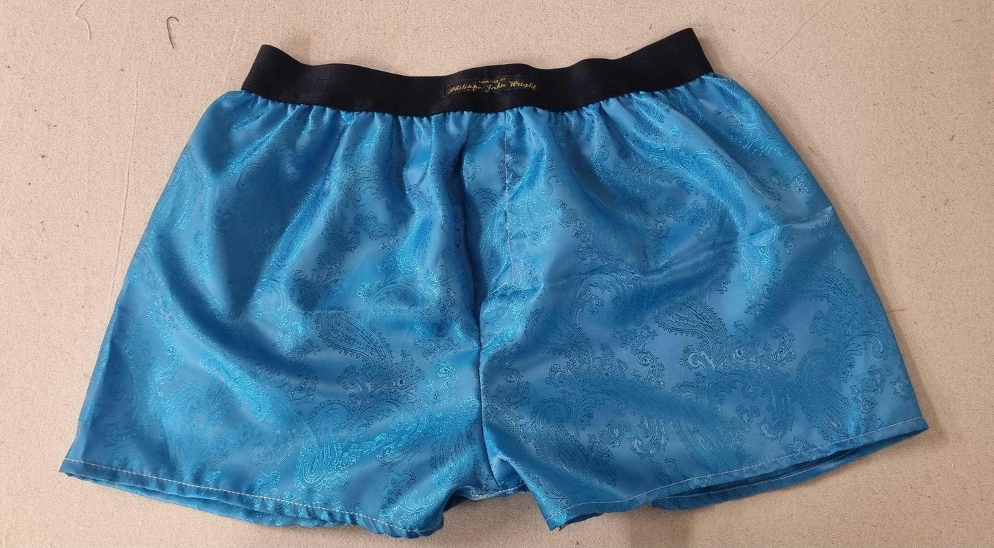 Silk boxer shorts in sky blue paisley motif hand made in France. husband present gift for boyfriend aniversary groom wedding.