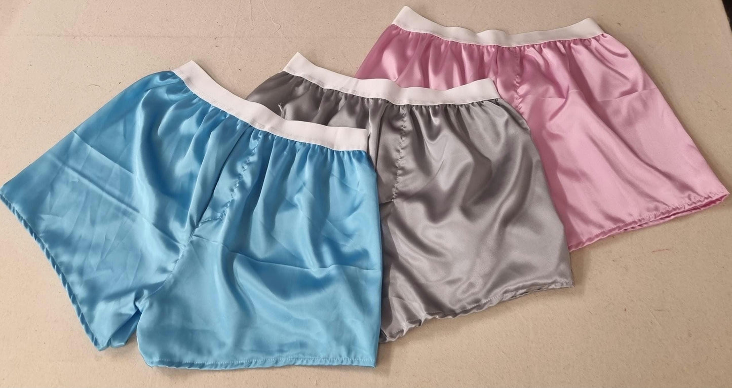 Men boxer short brief Silver pale pink and pale blue satin underwear for men handmade in France, husband gift boyfriend present