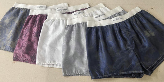 Men silk boxer shorts bundle paisley pattern made in white, silver, silver blue, navy, pink.