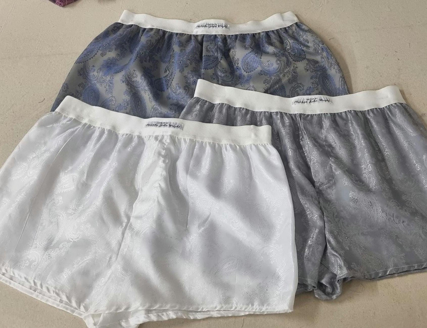 Men silk boxer shorts bundle paisley pattern made in white, silver, silver blue, navy, pink.