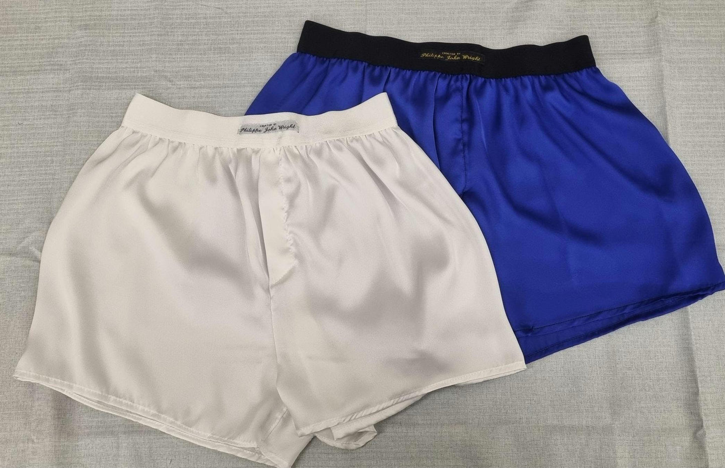 See through ivory white and royal blue silky satin sheer boxer shorts for men handmade in France for husband gift boyfriend present for him