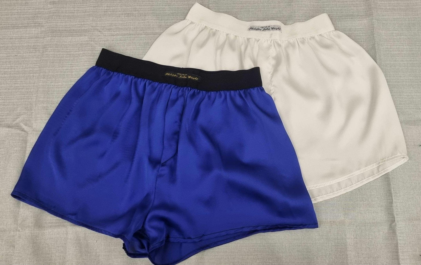 See through ivory white and royal blue silky satin sheer boxer shorts for men handmade in France for husband gift boyfriend present for him