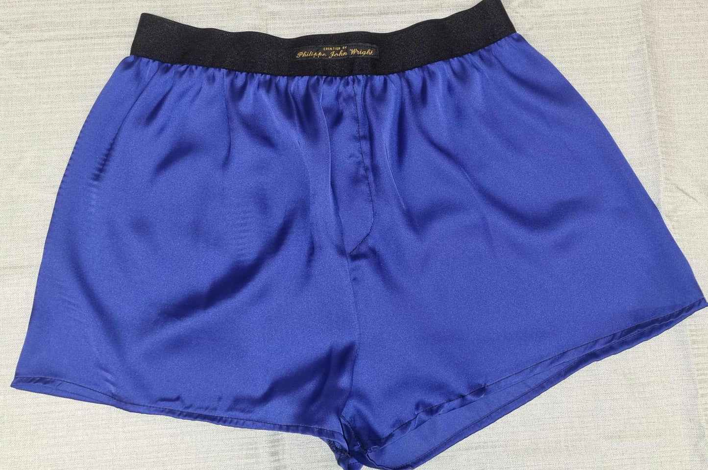 See through ivory white and royal blue silky satin sheer boxer shorts for men handmade in France for husband gift boyfriend present for him