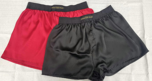 See through burgandy red and black silky satin sheer boxer shorts for men handmade in France for husband gift boyfriend present for him