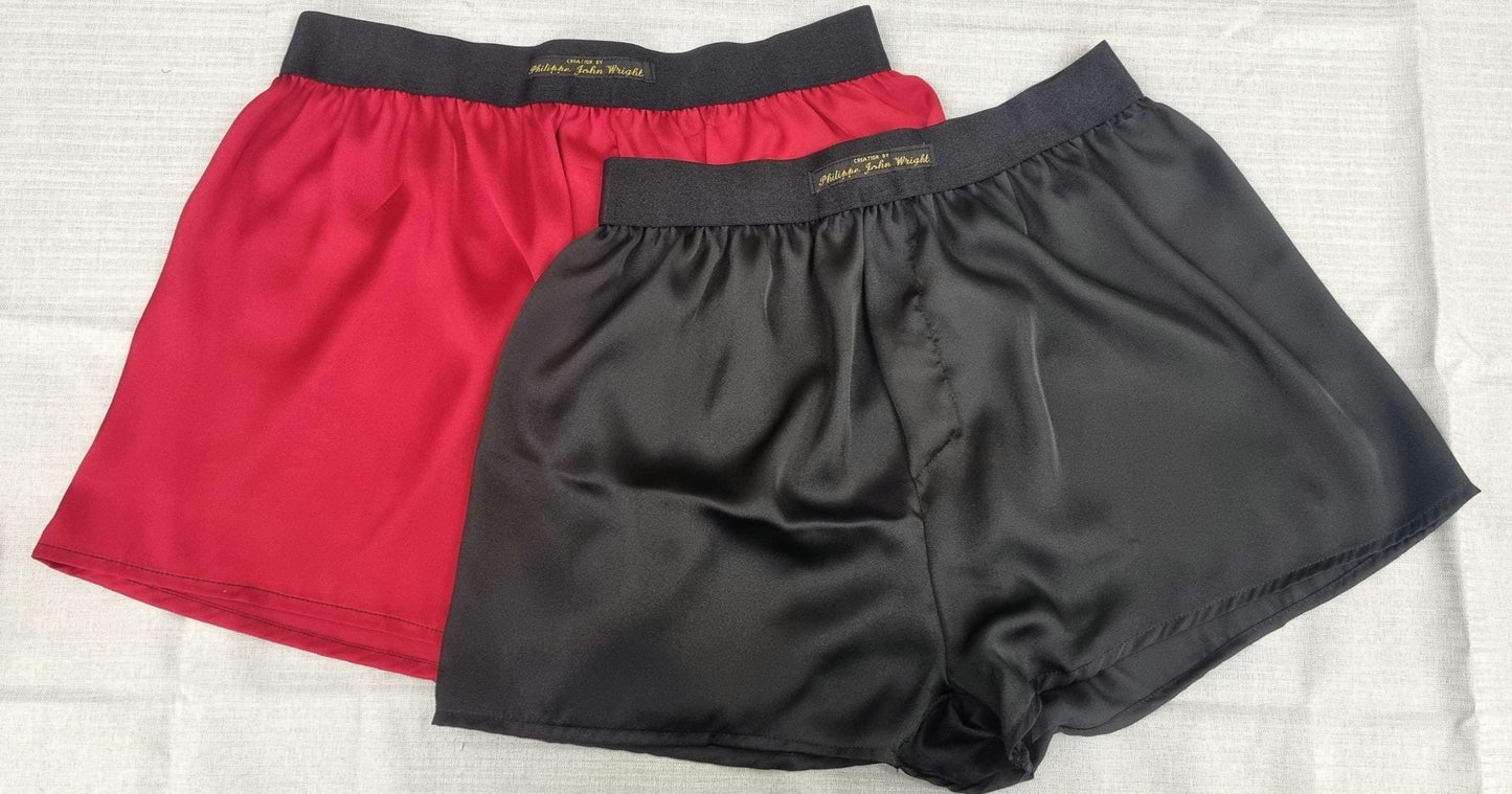 See through burgandy red and black silky satin sheer boxer shorts for men handmade in France for husband gift boyfriend present for him